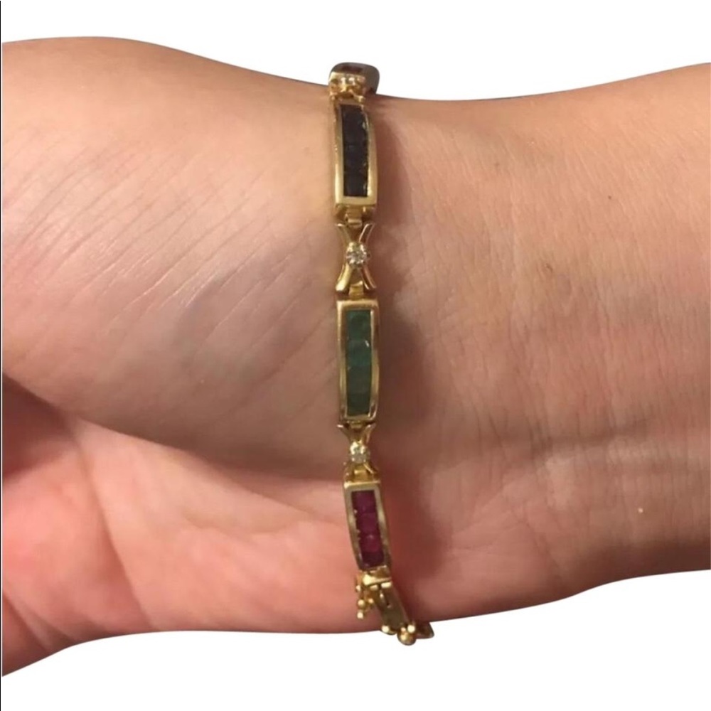14k YG Bracelet sapphire ruby emerald w/Diamond
